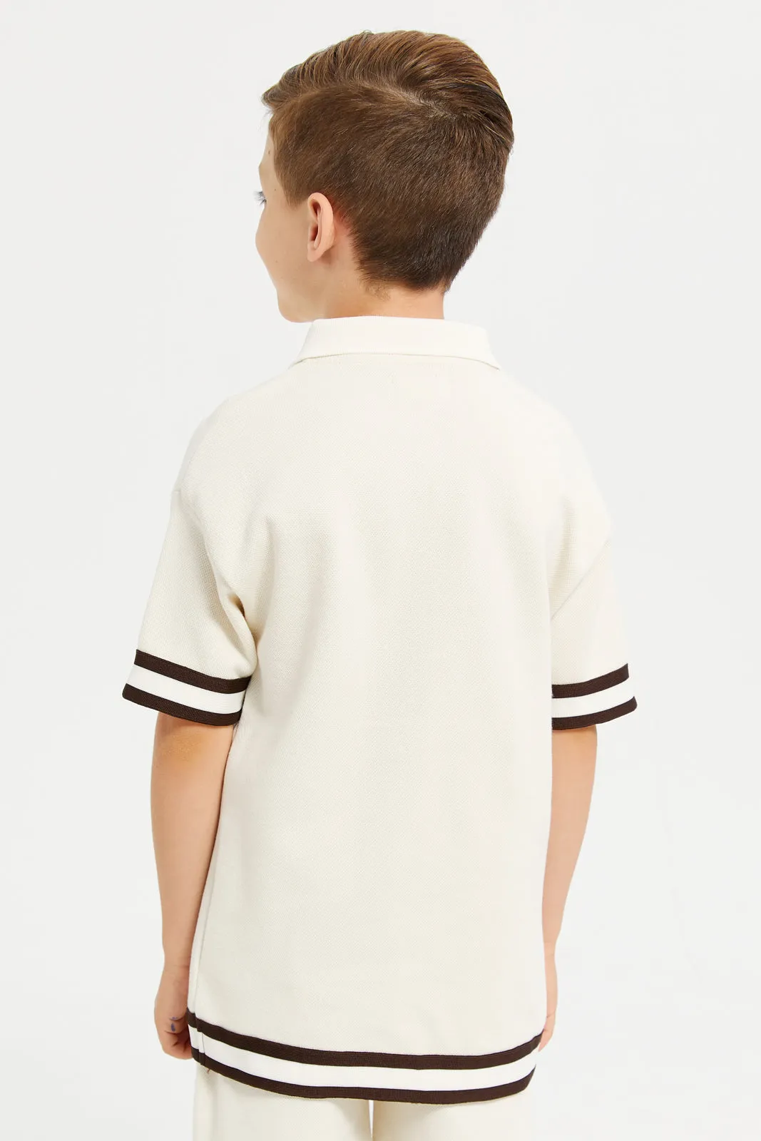 Junior Boys Beige Jacquard Interlock Polo T-Shirt