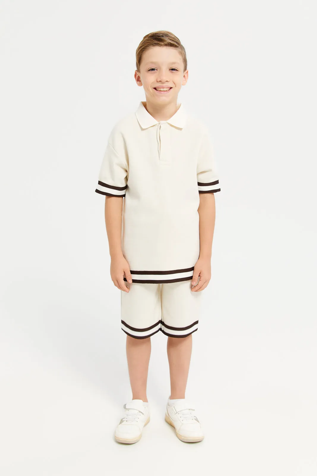 Junior Boys Beige Jacquard Interlock Polo T-Shirt