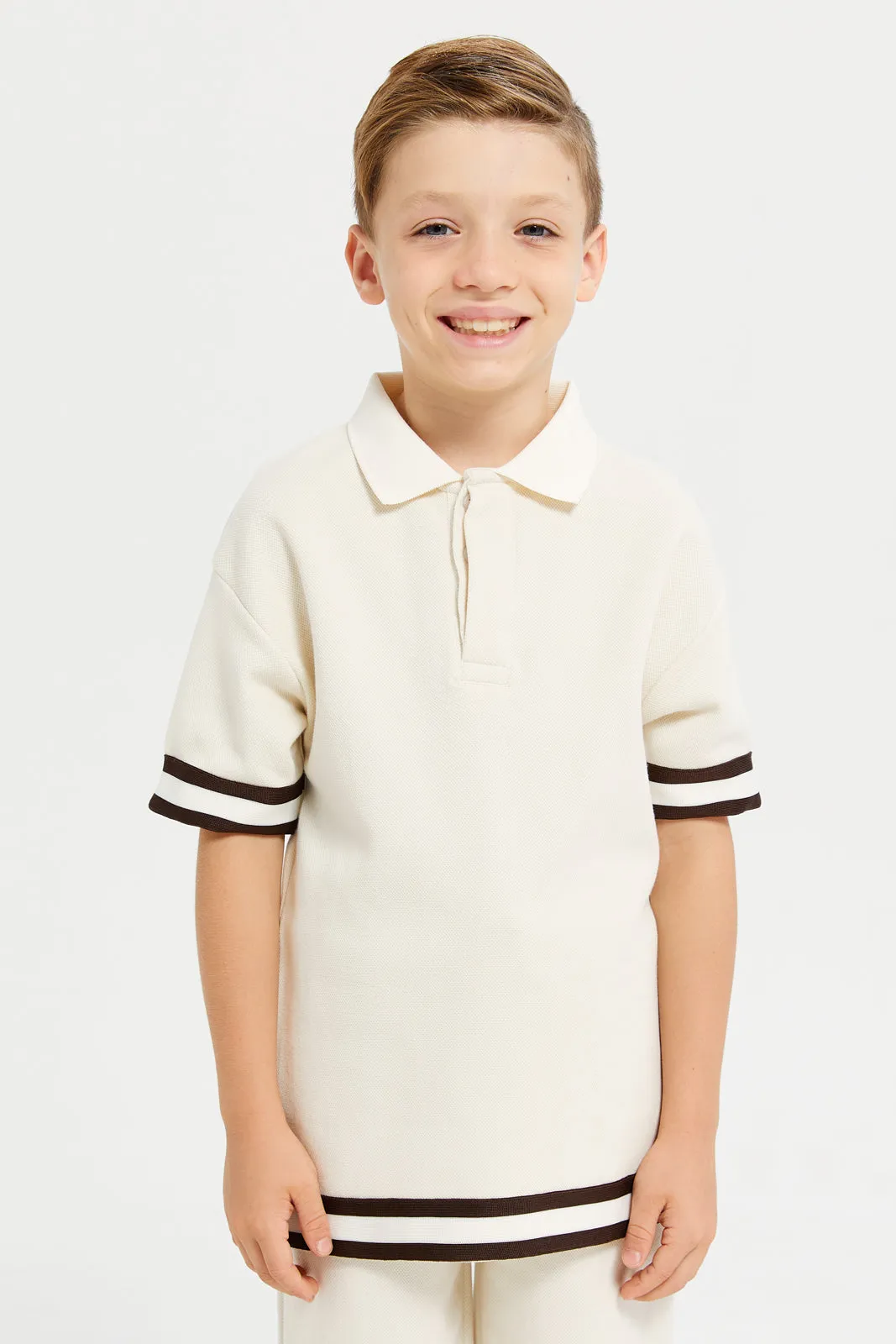 Junior Boys Beige Jacquard Interlock Polo T-Shirt