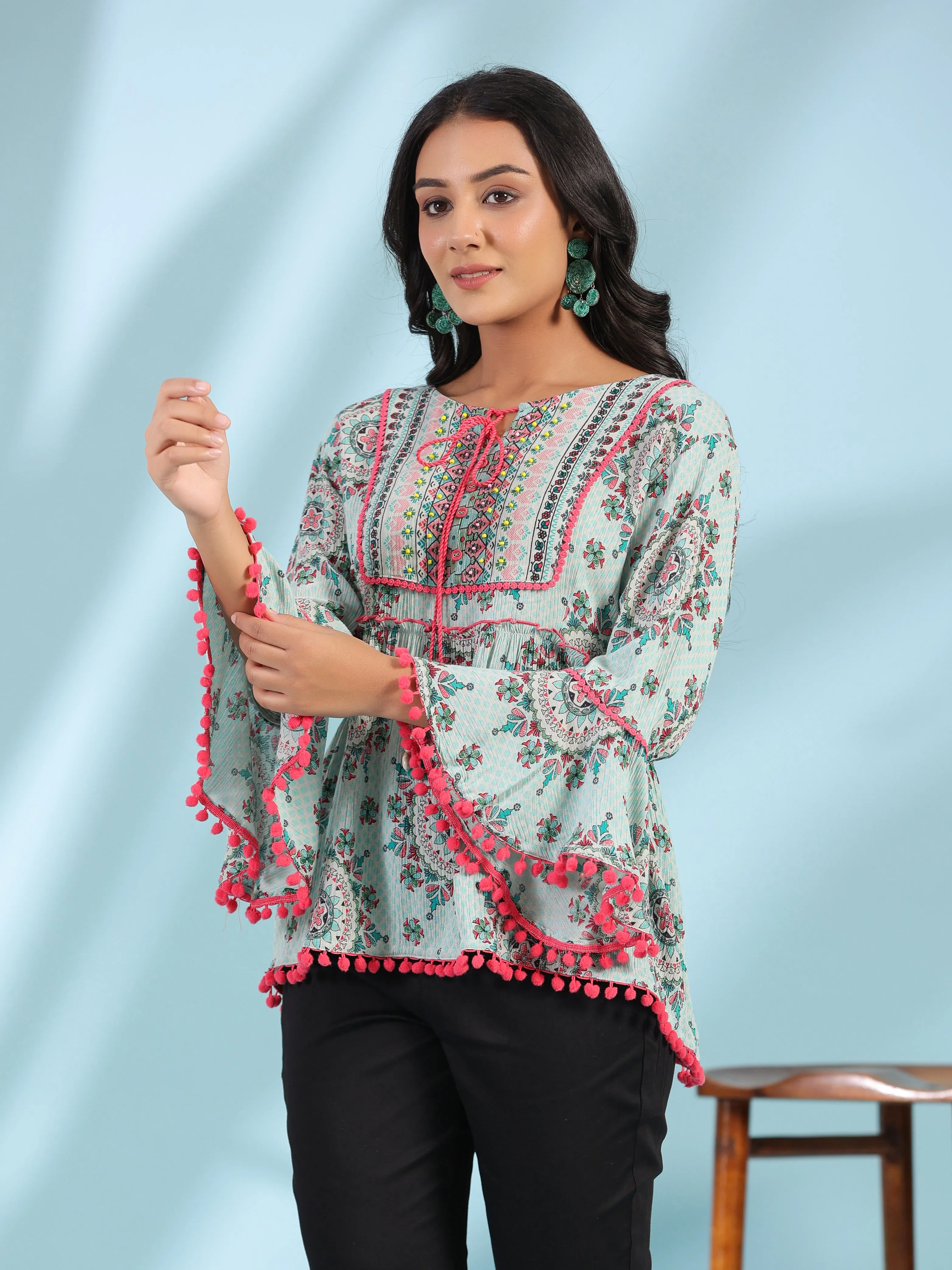 Juniper Mint Women Rayon Crepe Ethnic Motif Printed Peplum Tunic With Beadwork