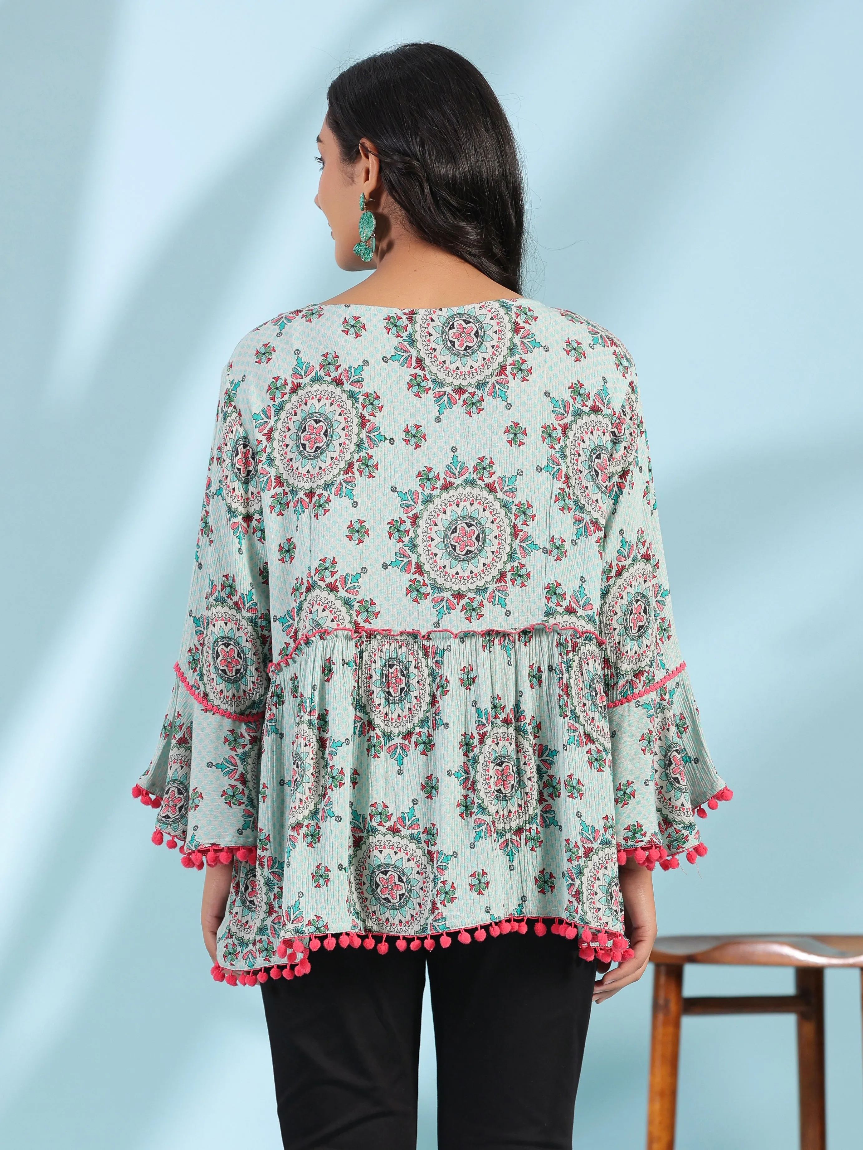 Juniper Mint Women Rayon Crepe Ethnic Motif Printed Peplum Tunic With Beadwork