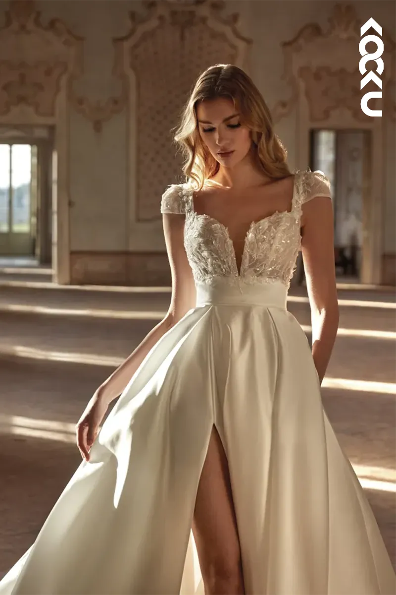 K1966 - Couture & Ornate  V-neck Straps Side Slit A-line Wedding dress