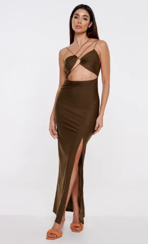 Khaki Strappy Detail Split Maxi Dress