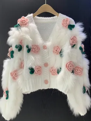 Knitted Cardigan Flower Short Sweater Women's Coat Trendy