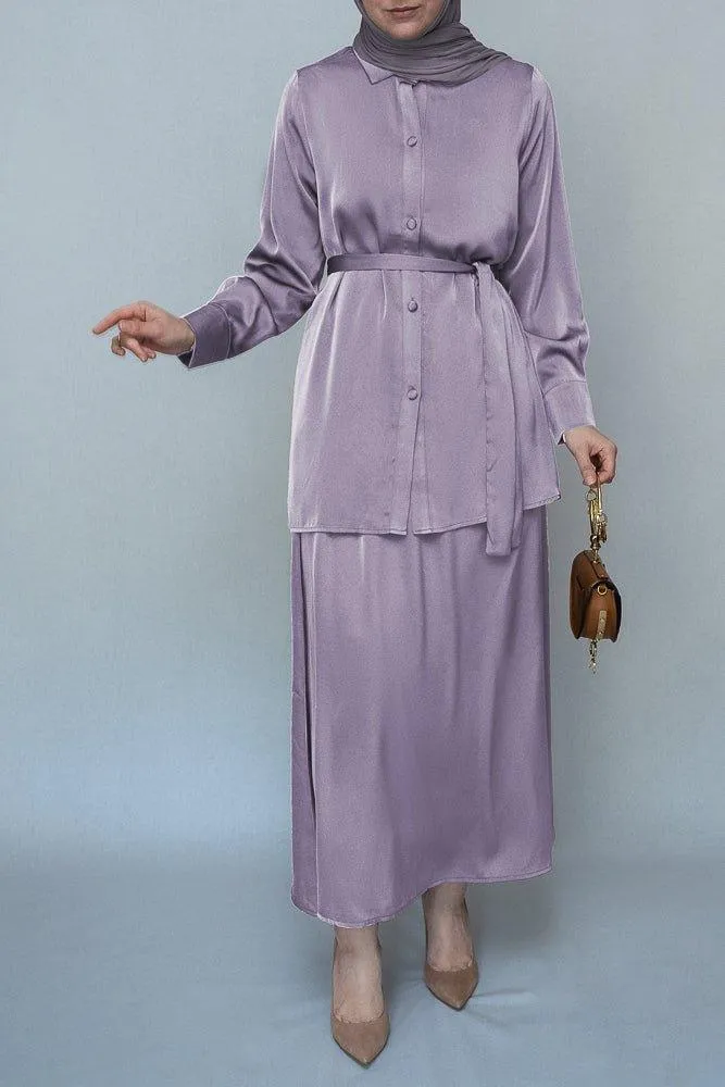 Lavender Blouse Skirt Modest set maxi skirt with elasticated waistband maxi sleeve buttoned shirt with a detachable belt