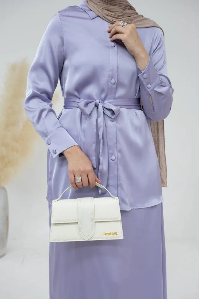 Lavender Blouse Skirt Modest set maxi skirt with elasticated waistband maxi sleeve buttoned shirt with a detachable belt