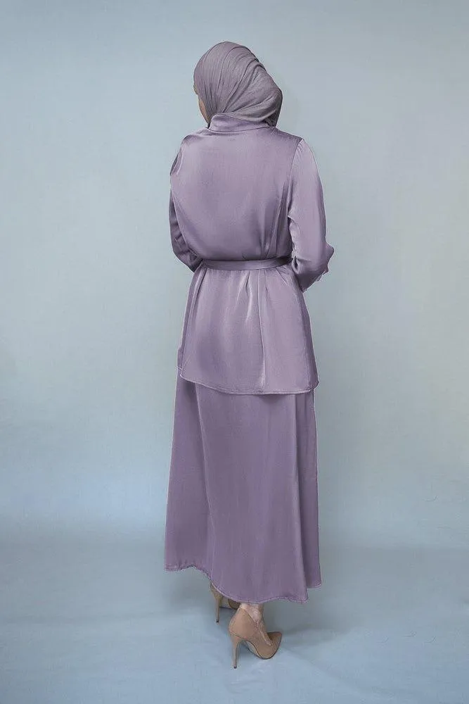 Lavender Blouse Skirt Modest set maxi skirt with elasticated waistband maxi sleeve buttoned shirt with a detachable belt