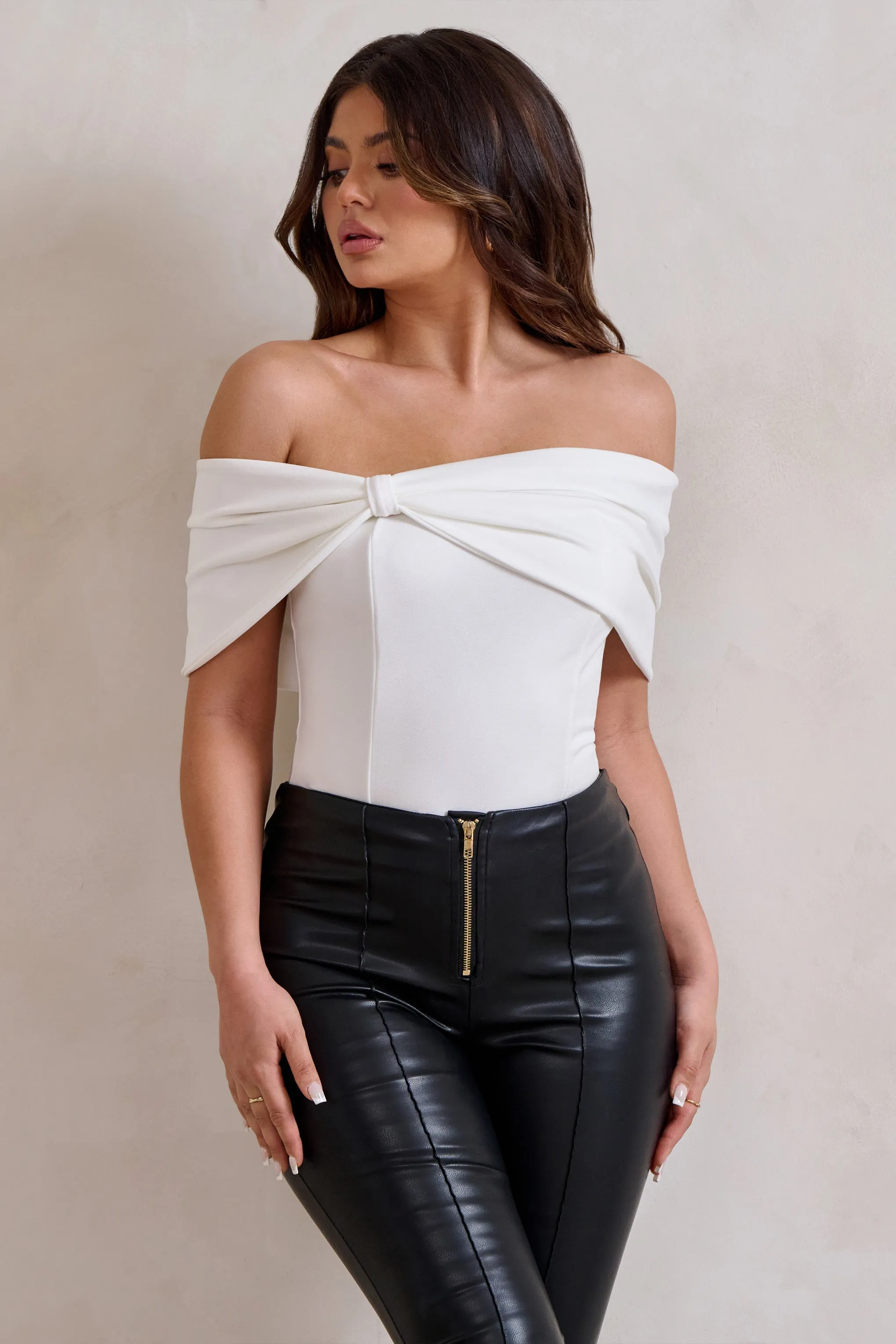 Lillian | White Bardot Bow Detail Bodysuit