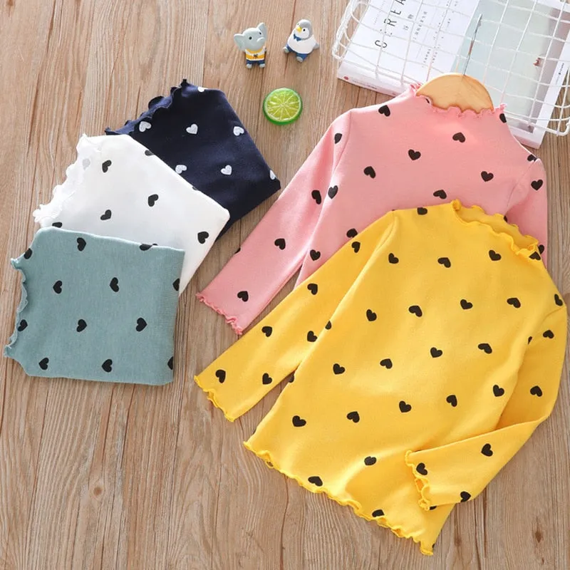 Long Sleeve Cute Hearts Design Cotton Tops For Kids