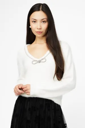 Lydia Rhinestone Bow Trim Fuzzy Sweater