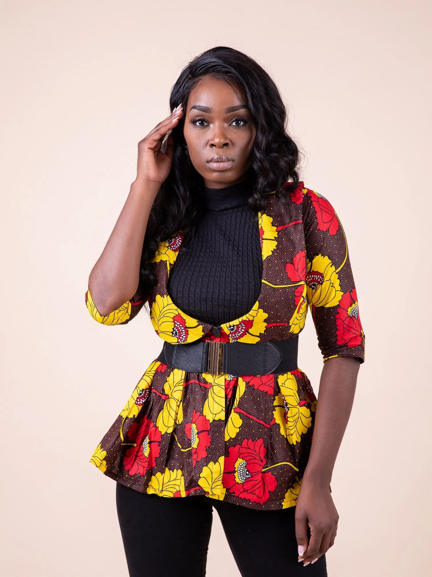 Mariah Ankara Peplum Jacket | Yellow Brown and Red African Print