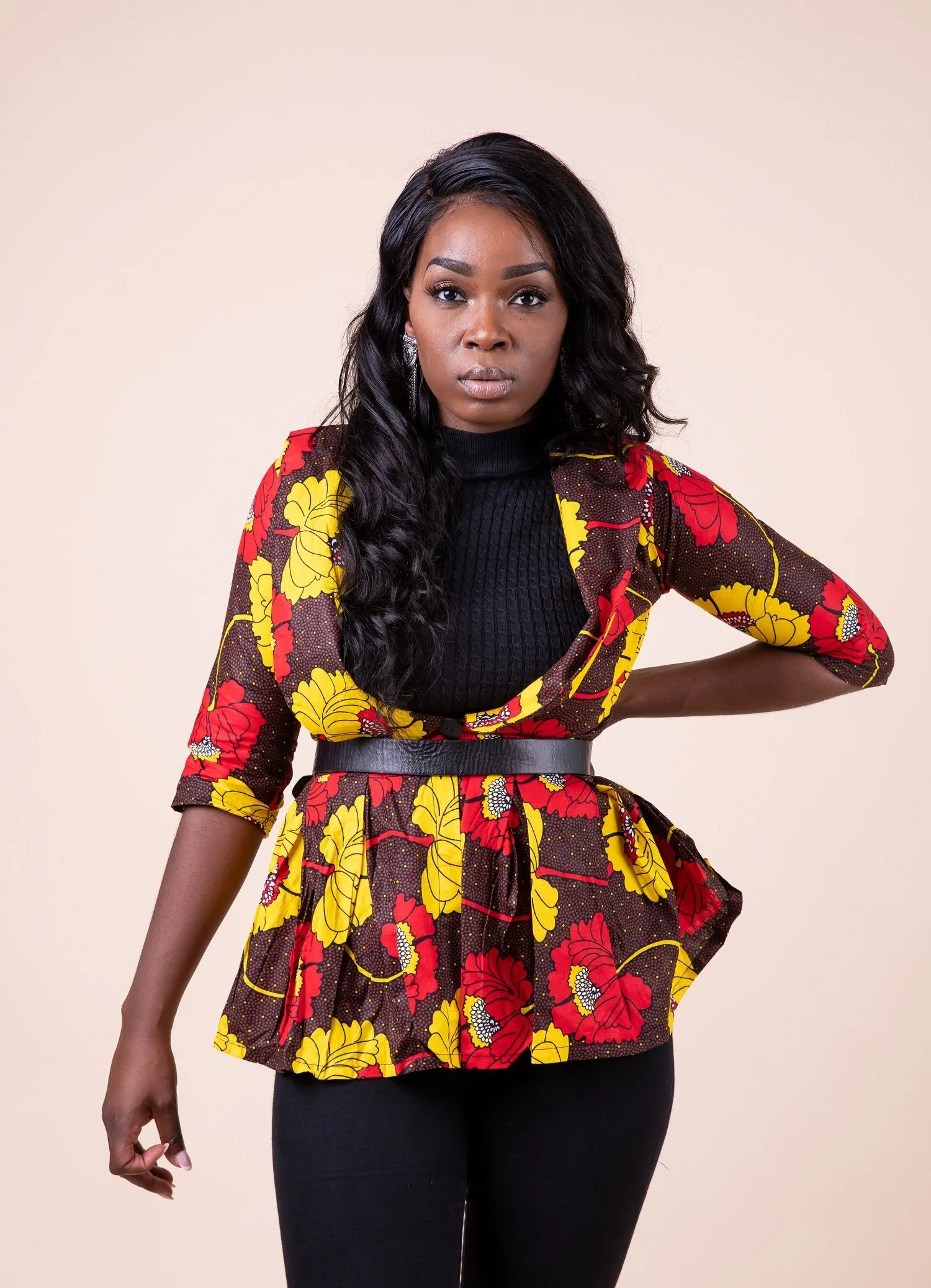 Mariah Ankara Peplum Jacket | Yellow Brown and Red African Print