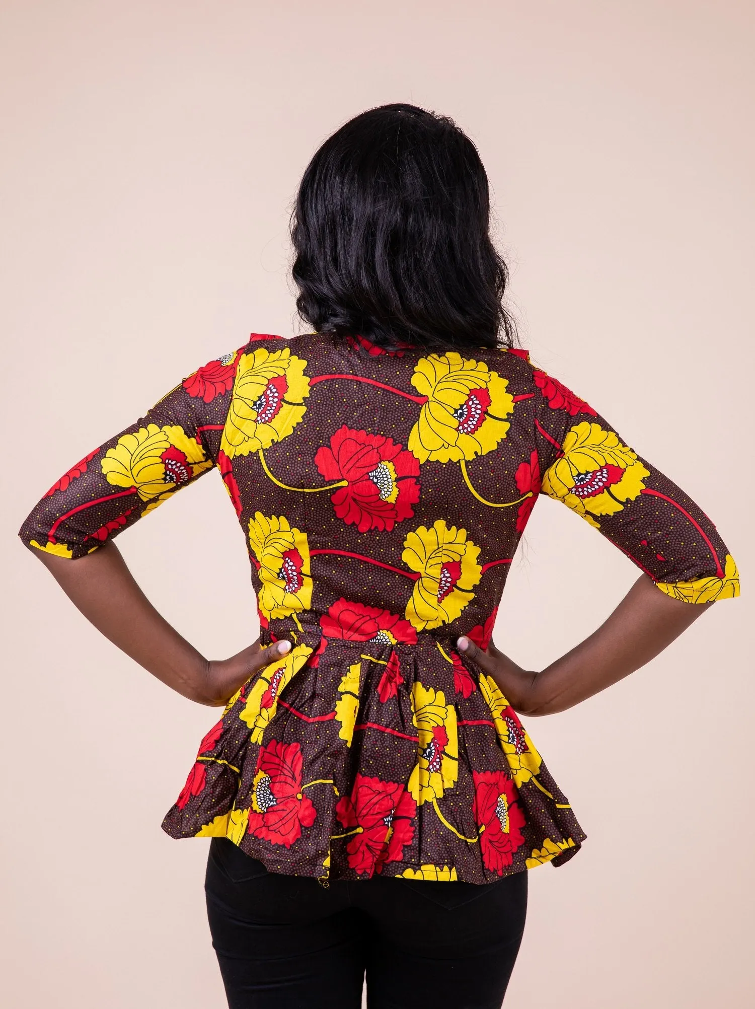 Mariah Ankara Peplum Jacket | Yellow Brown and Red African Print