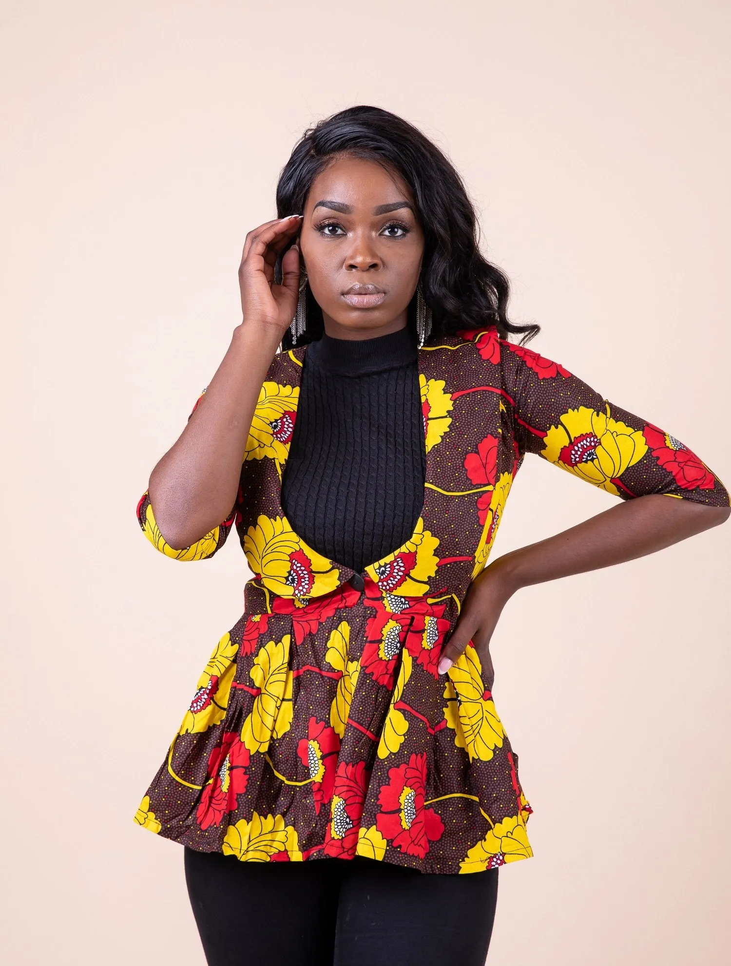 Mariah Ankara Peplum Jacket | Yellow Brown and Red African Print