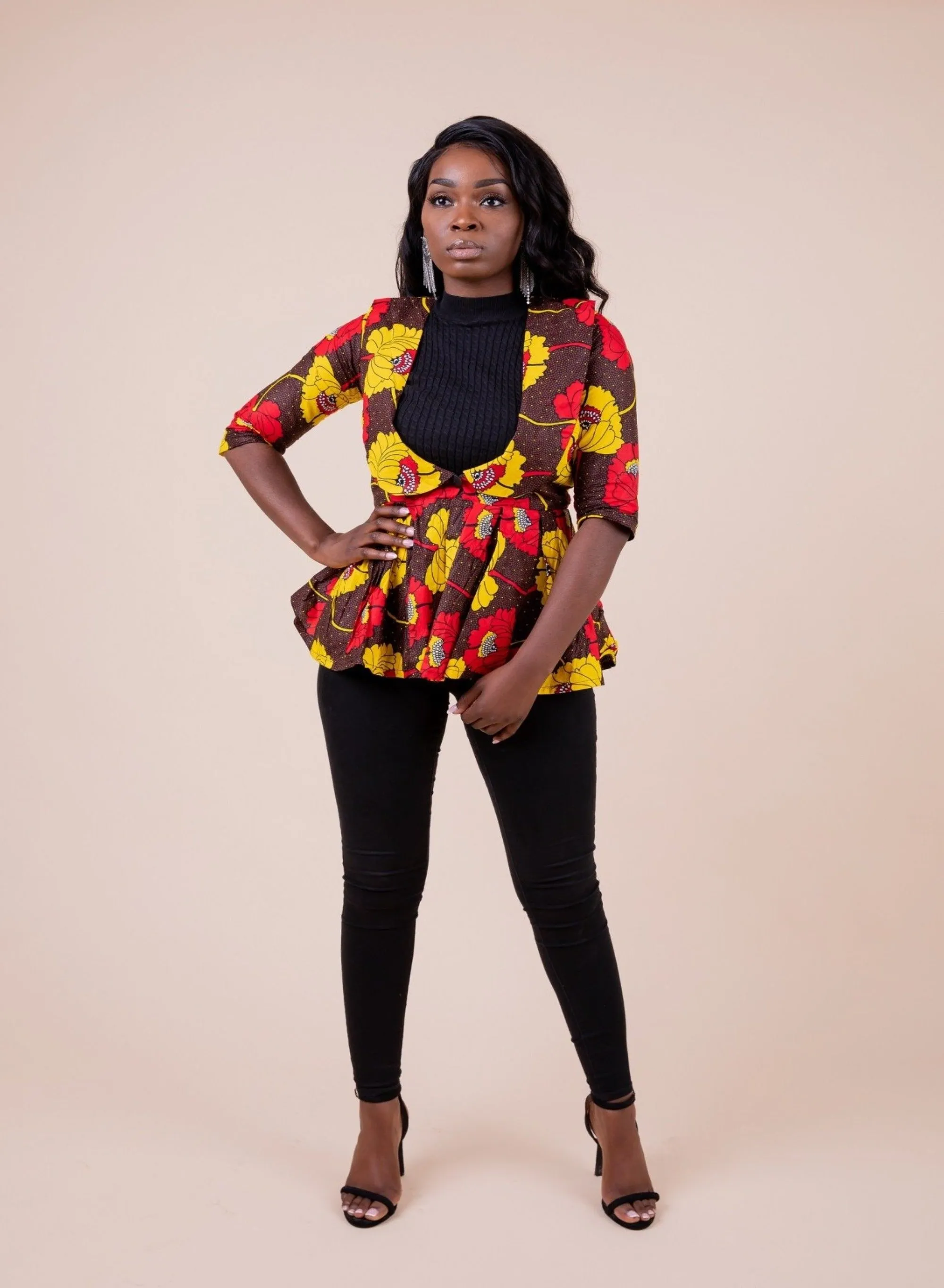 Mariah Ankara Peplum Jacket | Yellow Brown and Red African Print