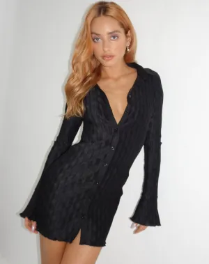 Nitara Button Up Mini Dress in Crinkle Black