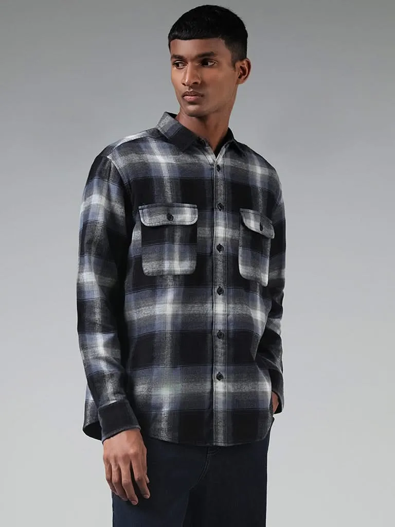 Nuon Blue Checked Cotton Blend Relaxed-Fit Shirt