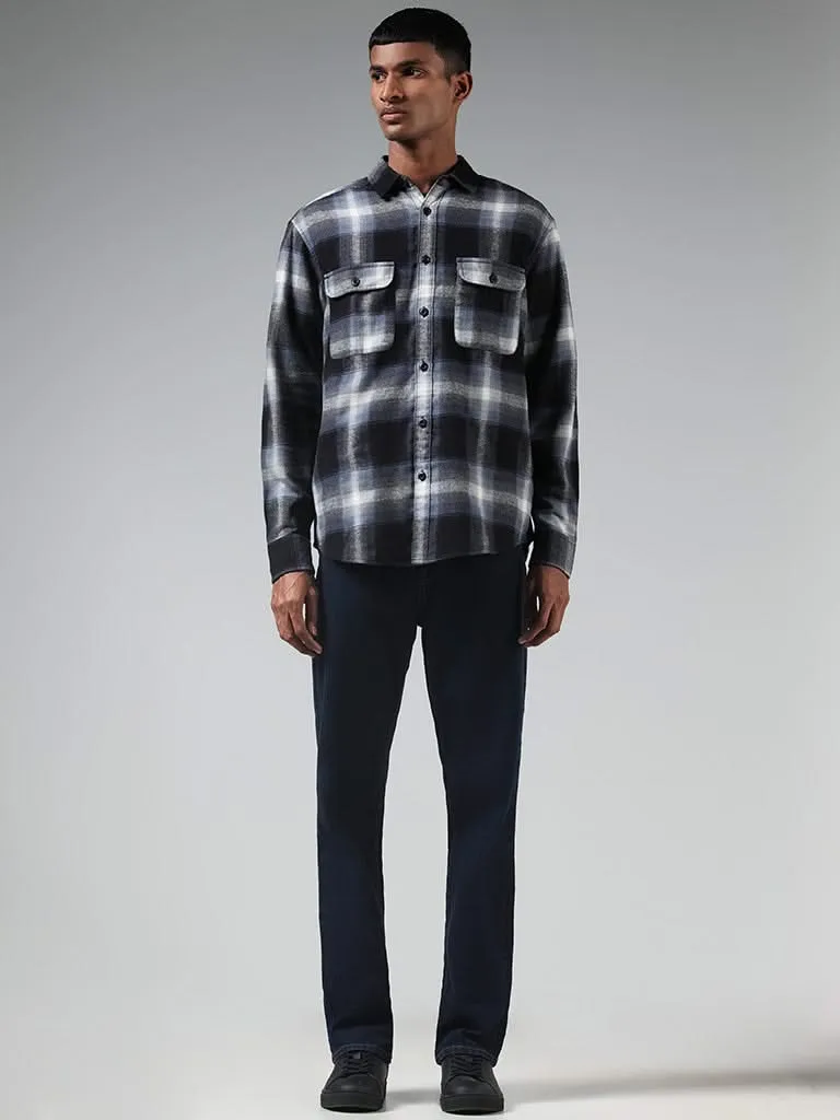 Nuon Blue Checked Cotton Blend Relaxed-Fit Shirt