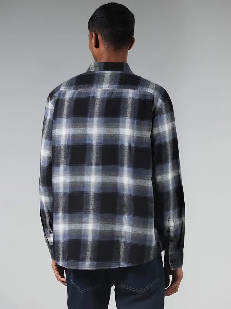 Nuon Blue Checked Cotton Blend Relaxed-Fit Shirt