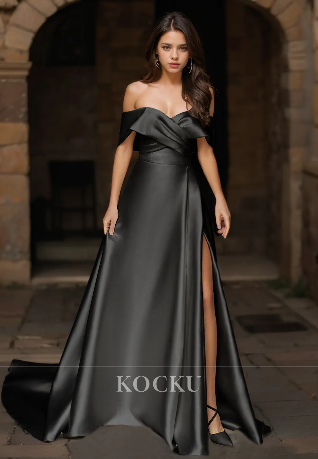 Off-Shoulder A-Line Sleeveless Ruched High Split Satin Wedding Dress with Train Bridal Gowns