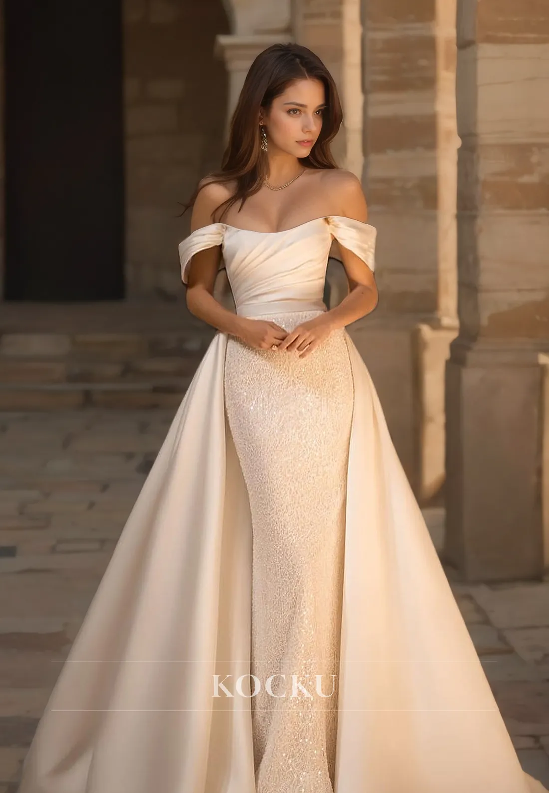 Off-Shoulder Sheath Bridal Gowns Sleeveless Beads Pleated Satin Wedding Dress with Overskirt