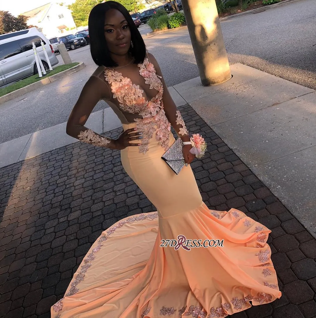 Orange Sheer Tulle Mermaid Prom Dresses | Flower Appliques Long-Sleeves Prom Gown BC1802