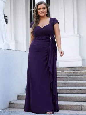 Plus Size Lace Capped Sleeve Jeweled A-Line Mother of the Bride Dress