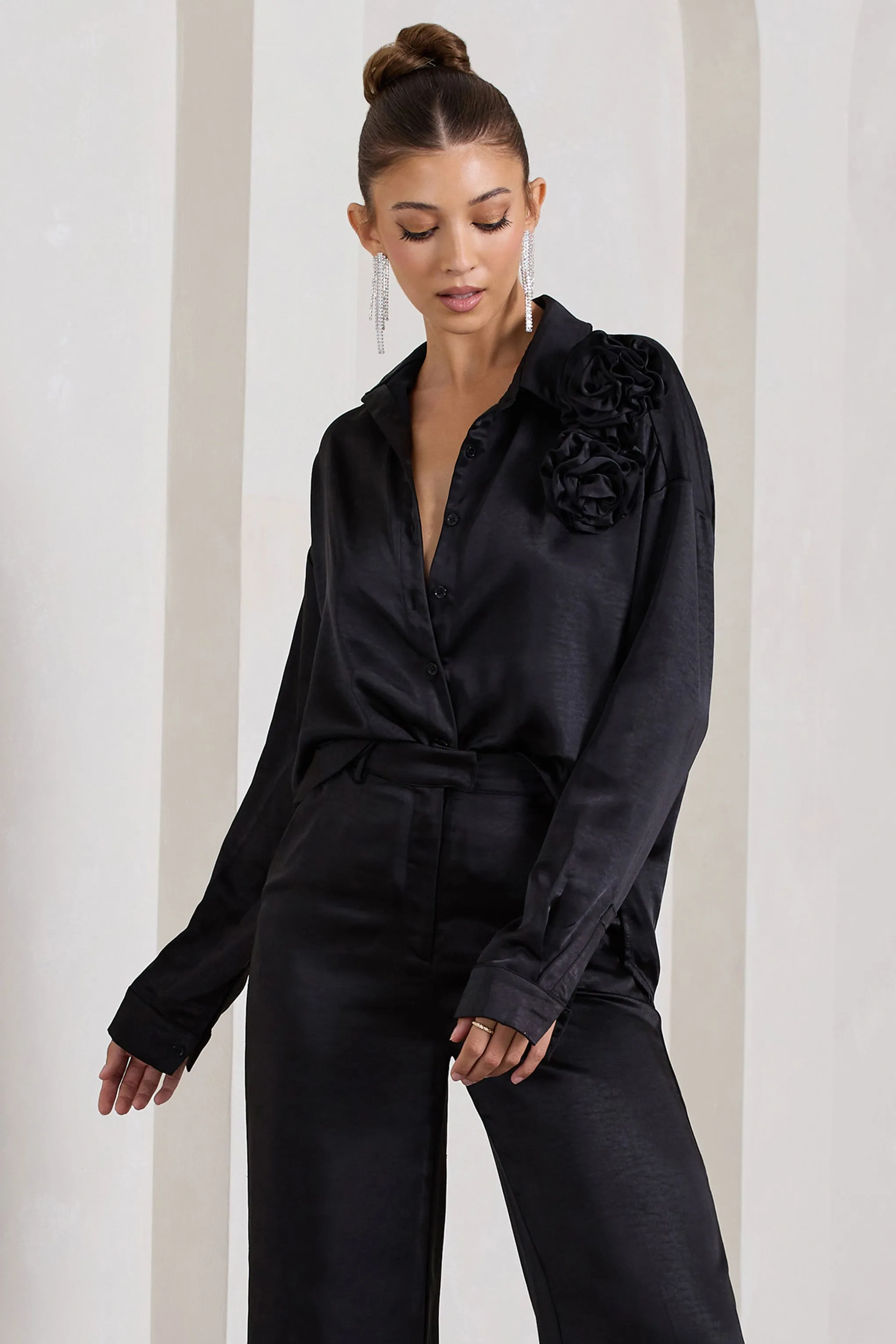 Rosanna | Black Satin Oversized Shirt With Flowers