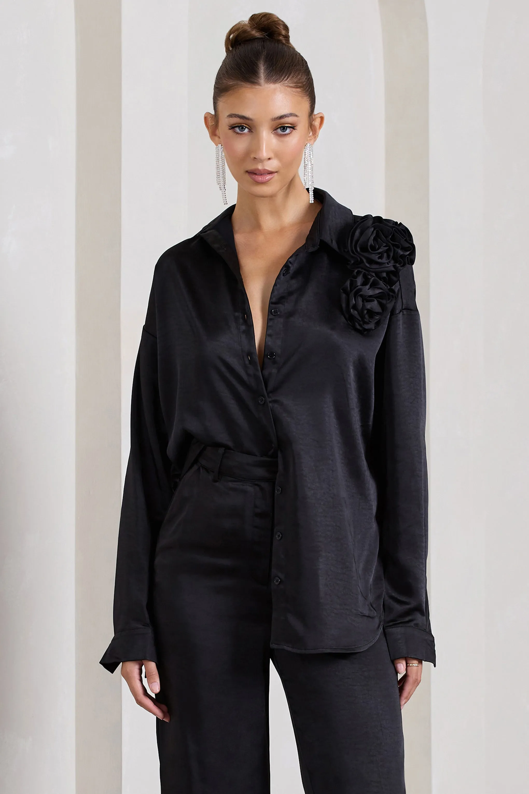 Rosanna | Black Satin Oversized Shirt With Flowers