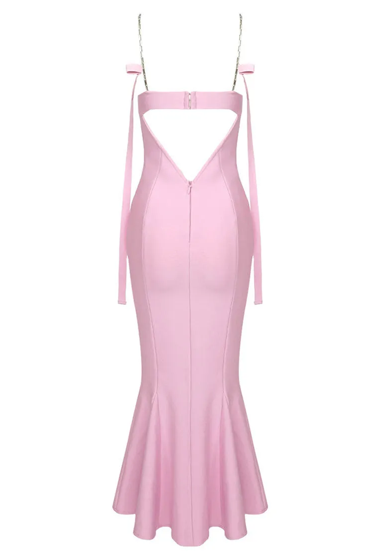 Sexy Sweetheart Chain Strap Bandage Fishtail Cocktail Party Midi Dress - Pink