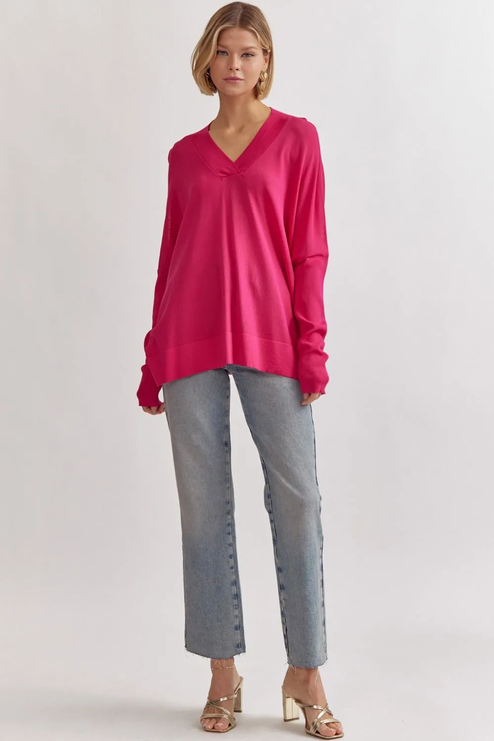 Shay V-Neck Knit Top - Hot Pink