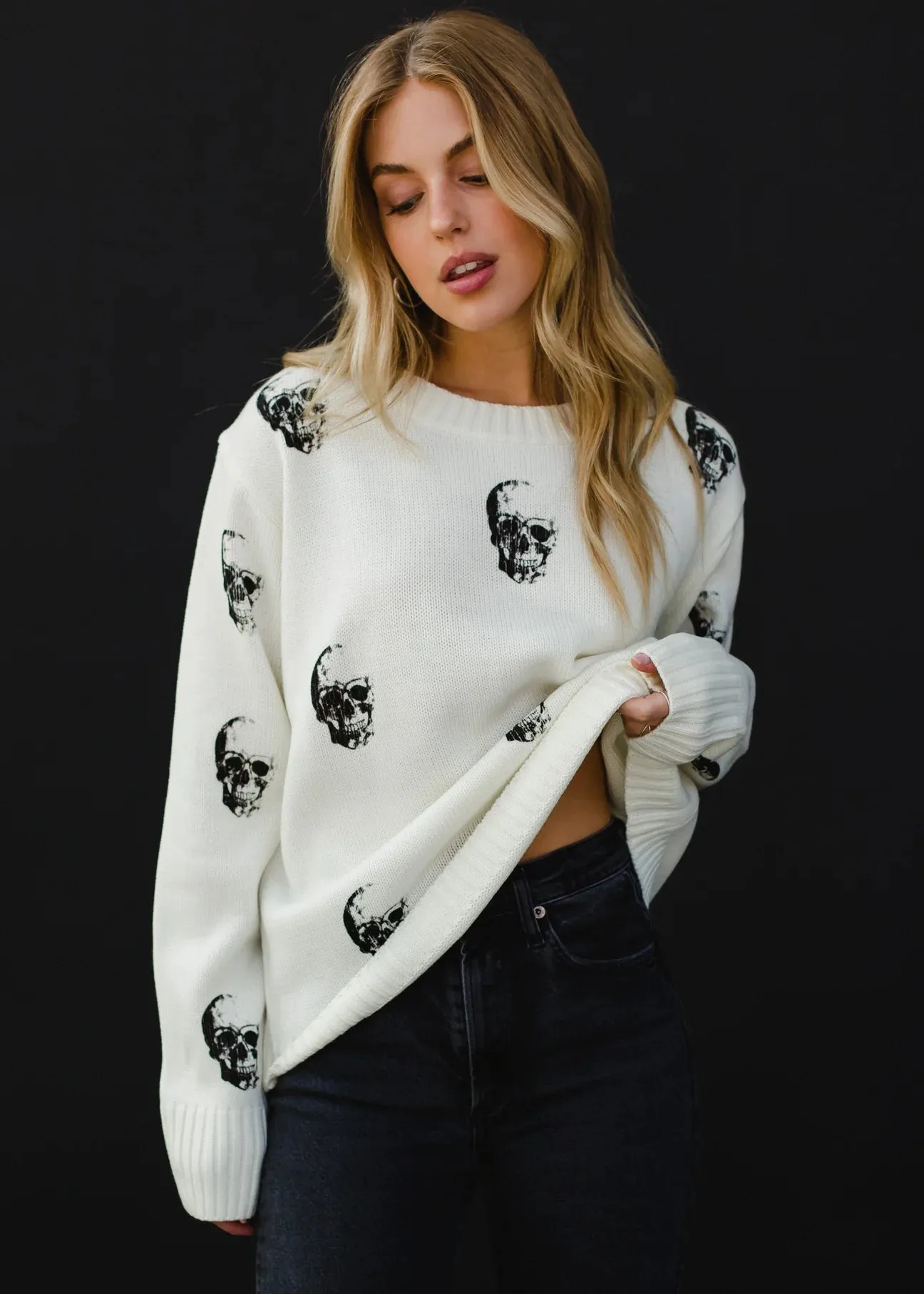 Skull Pattern Knit Crewneck Sweater