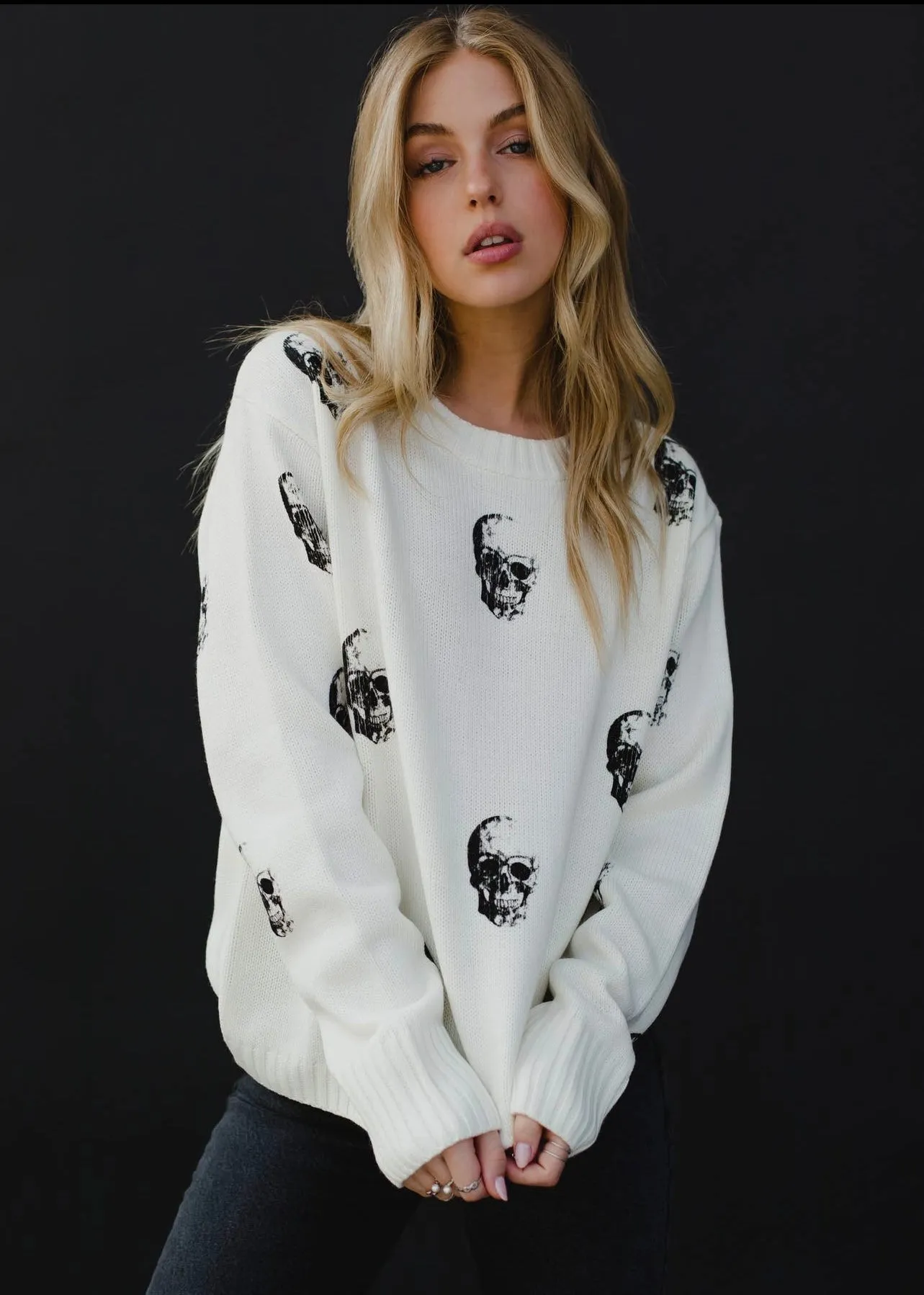 Skull Pattern Knit Crewneck Sweater