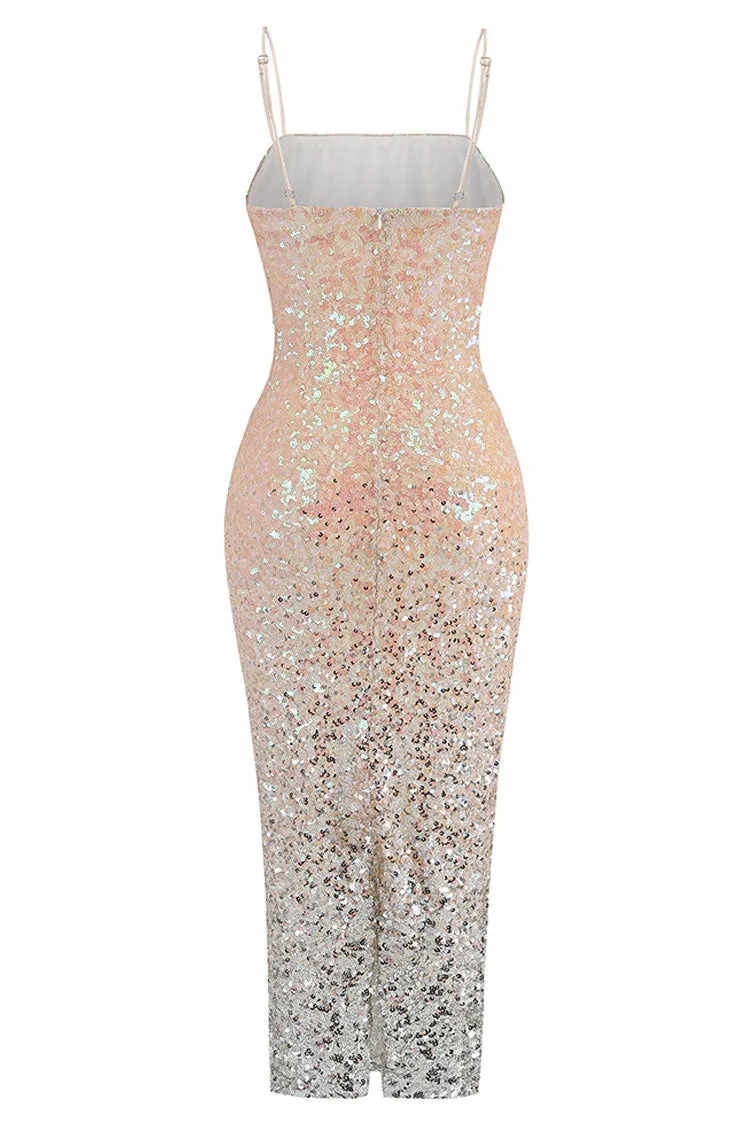 Sparkly Ombre Sequin Spaghetti Strap Cutout Side Cocktail Midi Dress - Pink