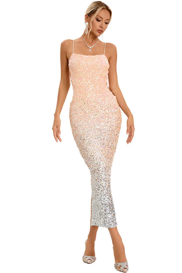 Sparkly Ombre Sequin Spaghetti Strap Cutout Side Cocktail Midi Dress - Pink