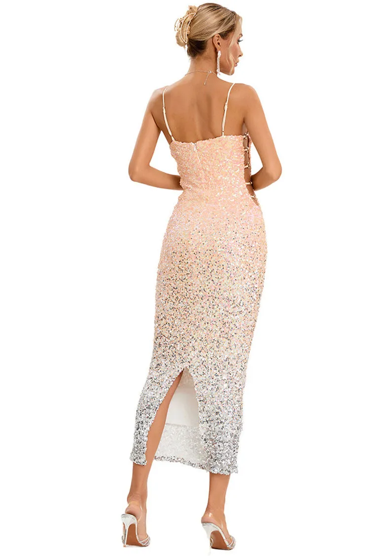 Sparkly Ombre Sequin Spaghetti Strap Cutout Side Cocktail Midi Dress - Pink