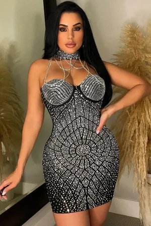 Sparkly Rhinestone Chain Halter Sweetheart Bodycon Party Mini Dress - Black