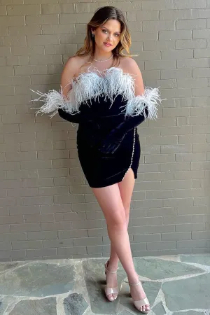 Stylish Sheath Strapless Black Short Homecoming Dress with Feather