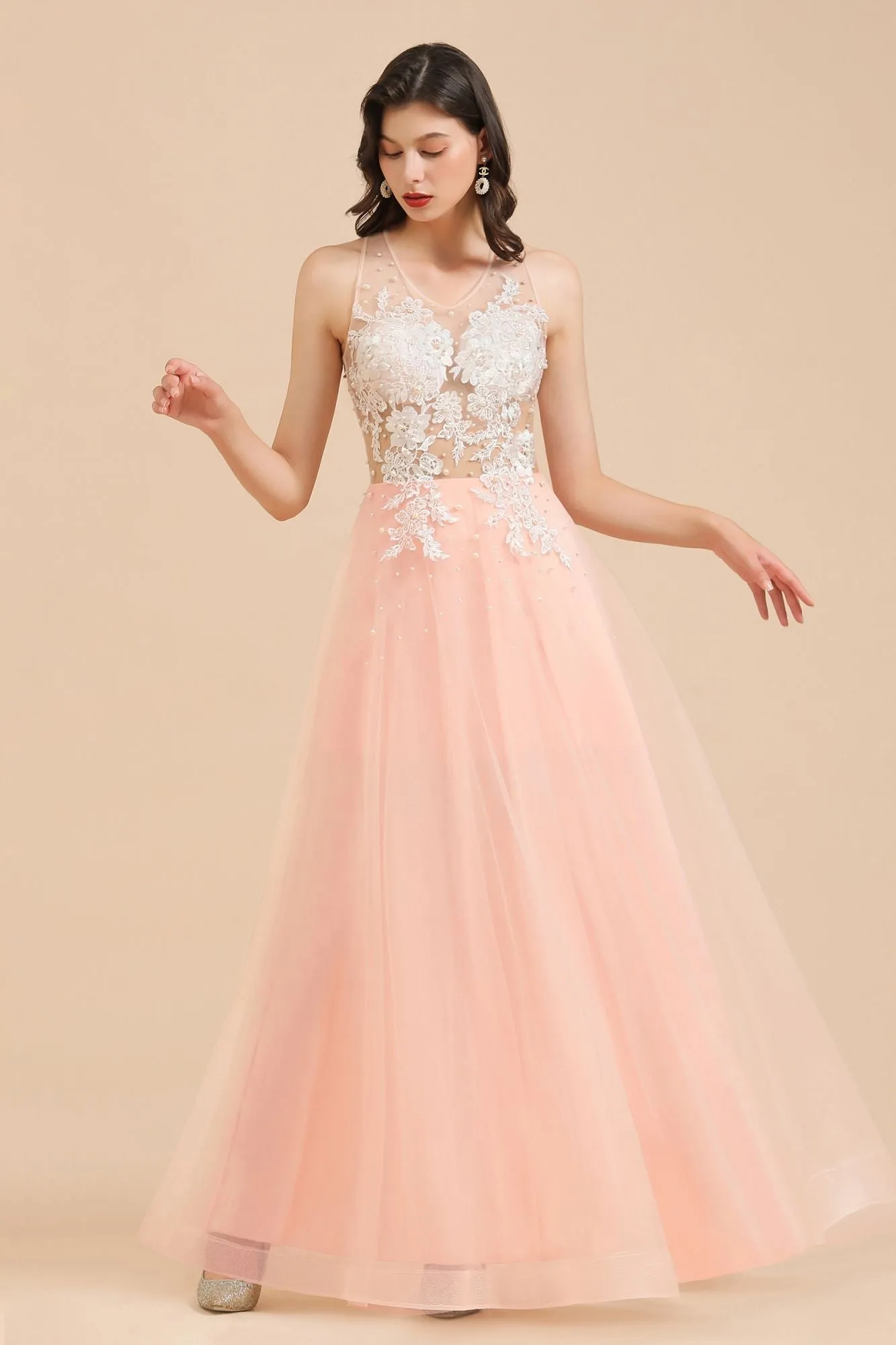 Stylish Sleeveless Evening Maxi Dress A-line Lace Appliques Prom Dress