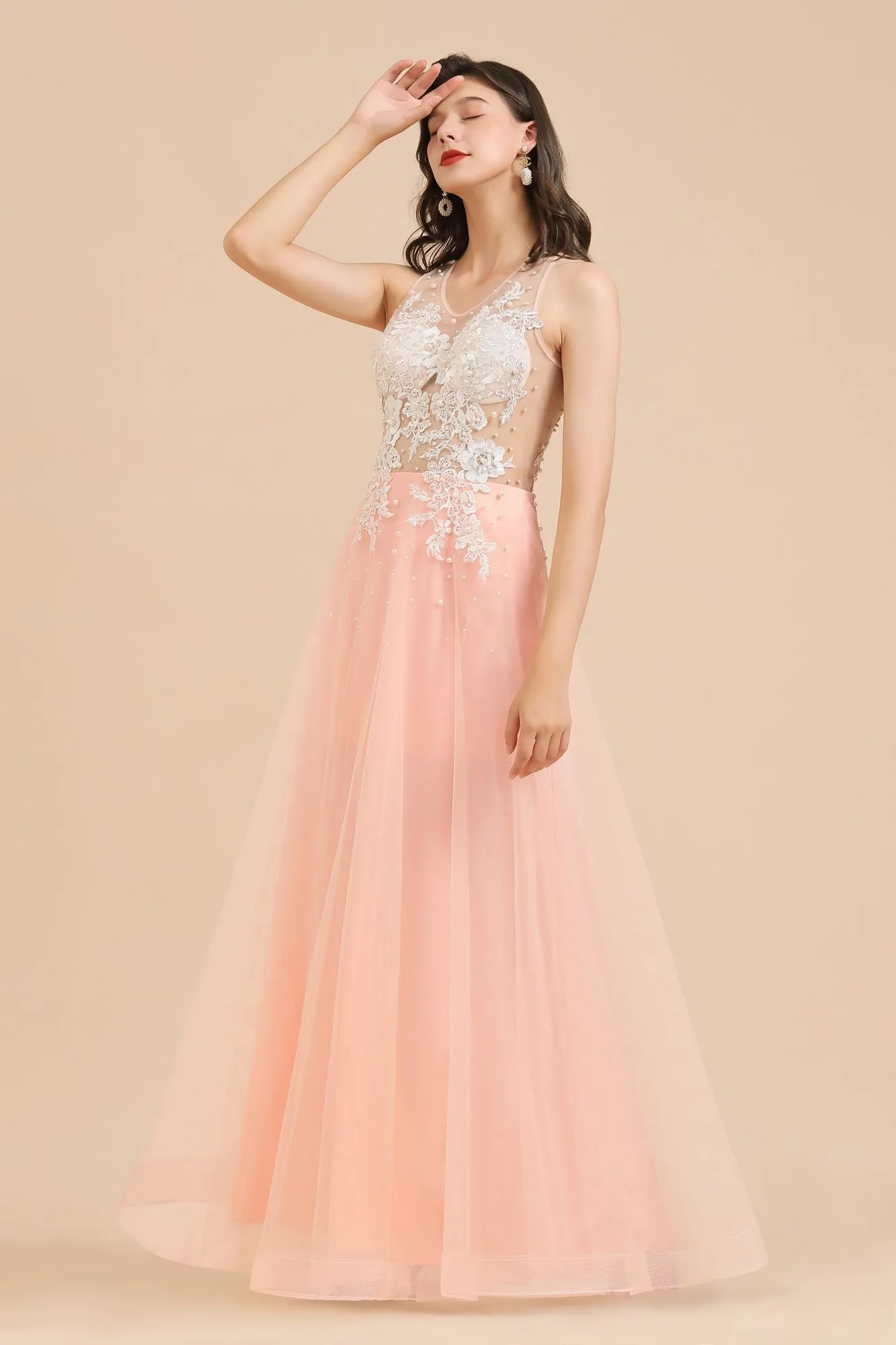 Stylish Sleeveless Evening Maxi Dress A-line Lace Appliques Prom Dress