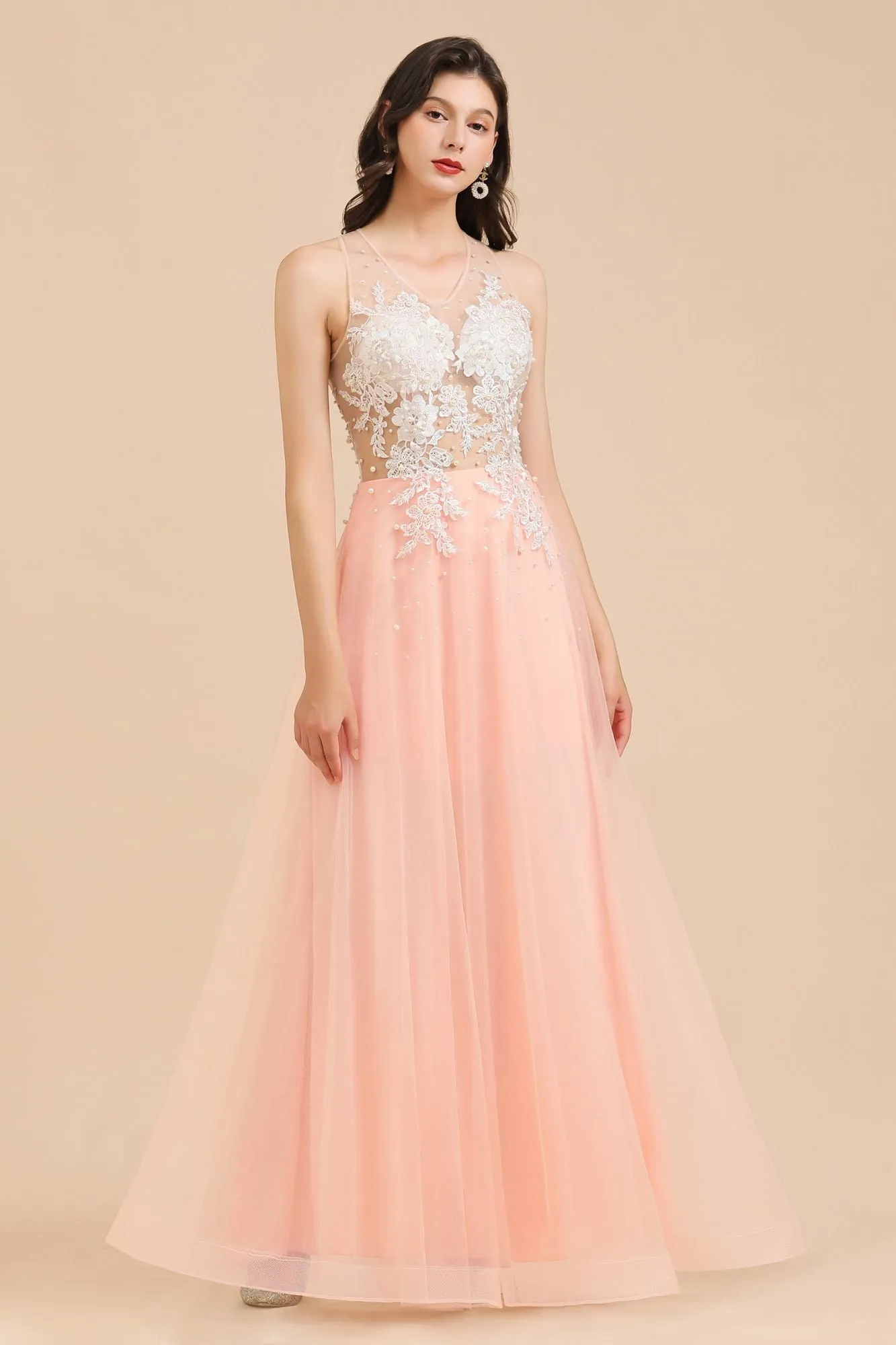 Stylish Sleeveless Evening Maxi Dress A-line Lace Appliques Prom Dress