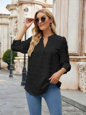 Swiss Dot Notched Neck Blouse