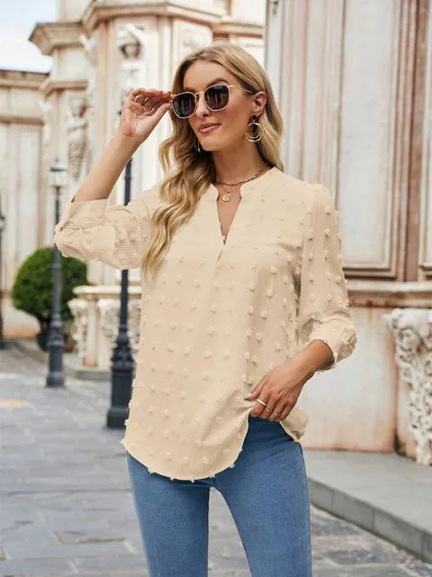 Swiss Dot Notched Neck Blouse