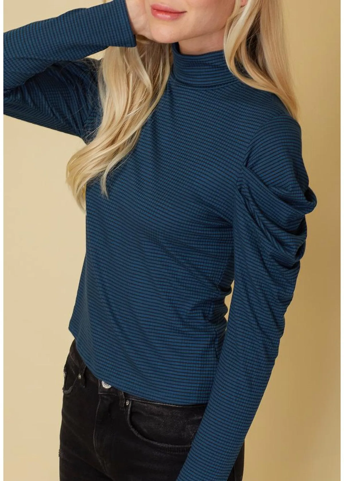 Turtle Neck Puff Sleeve Stripe Knit Top In Teal