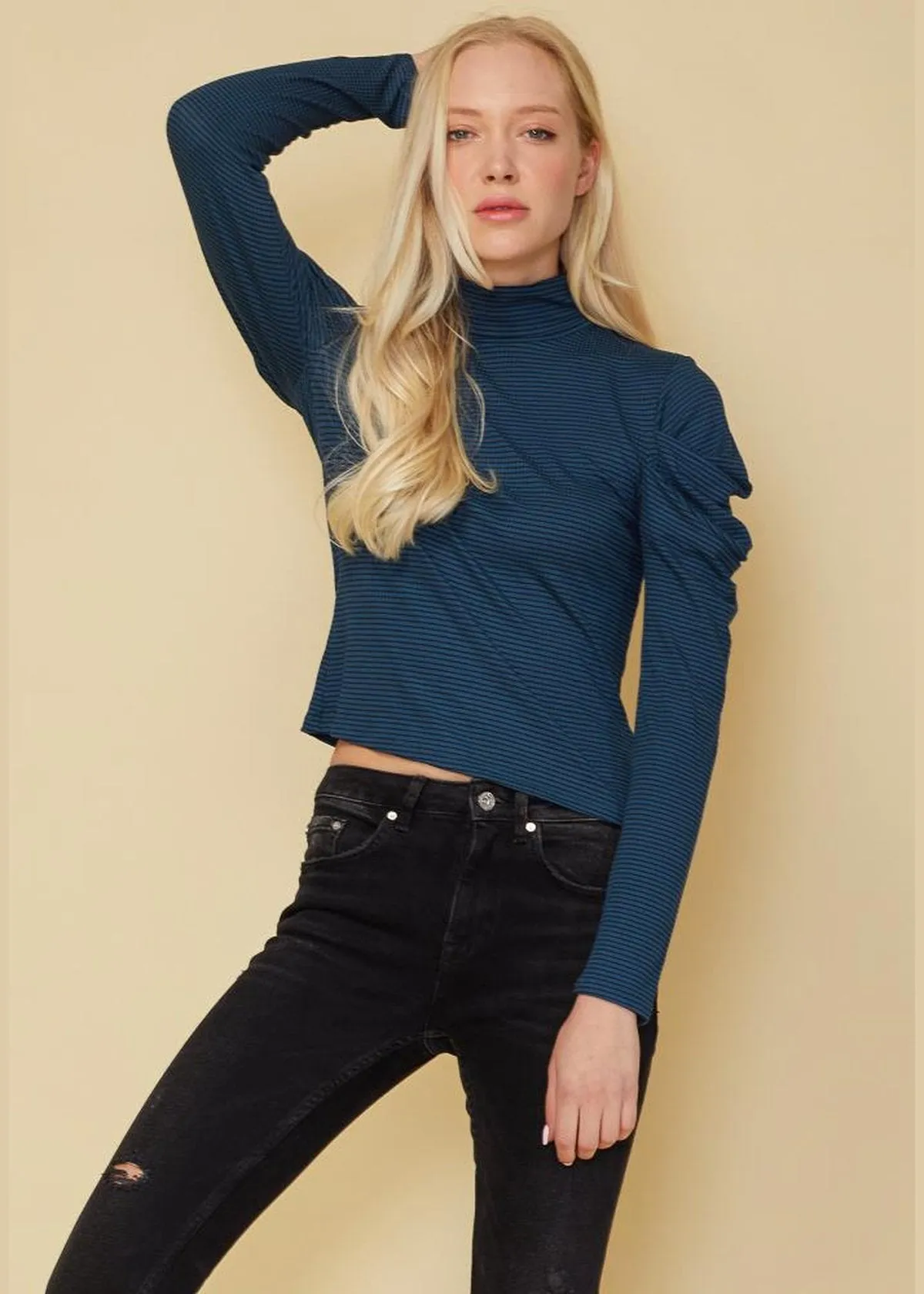 Turtle Neck Puff Sleeve Stripe Knit Top In Teal