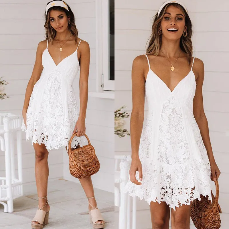 V-Neck Hollow Out Long Sleeve Mini Lace Elegant White Boho Dress Casual Lace Dress