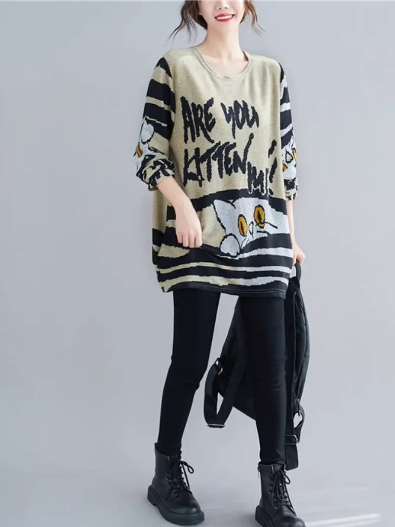 Women's Cool and Fashionable Kitty Cartoon Long Tops