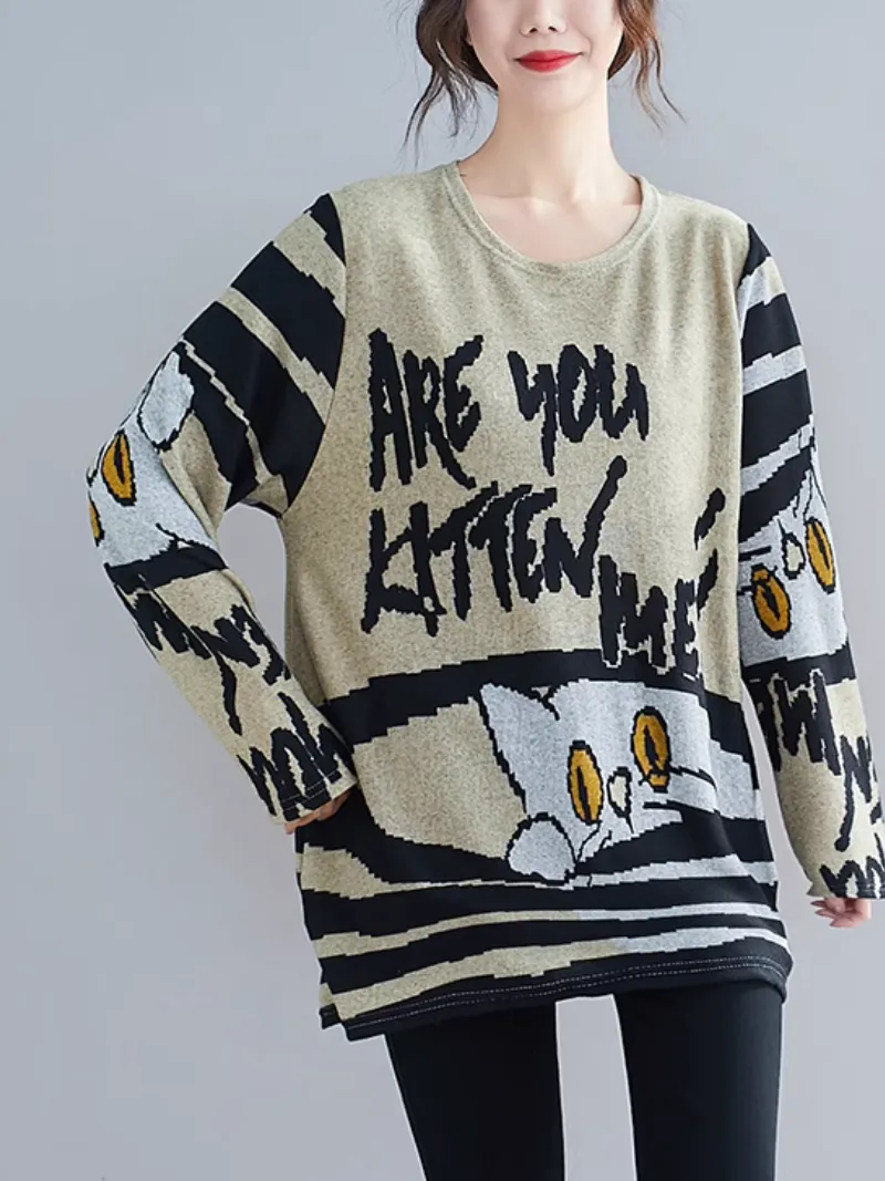 Women's Cool and Fashionable Kitty Cartoon Long Tops