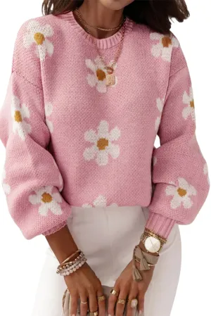 Women's Floral Pattern Drop Shoulder Pink Sweater