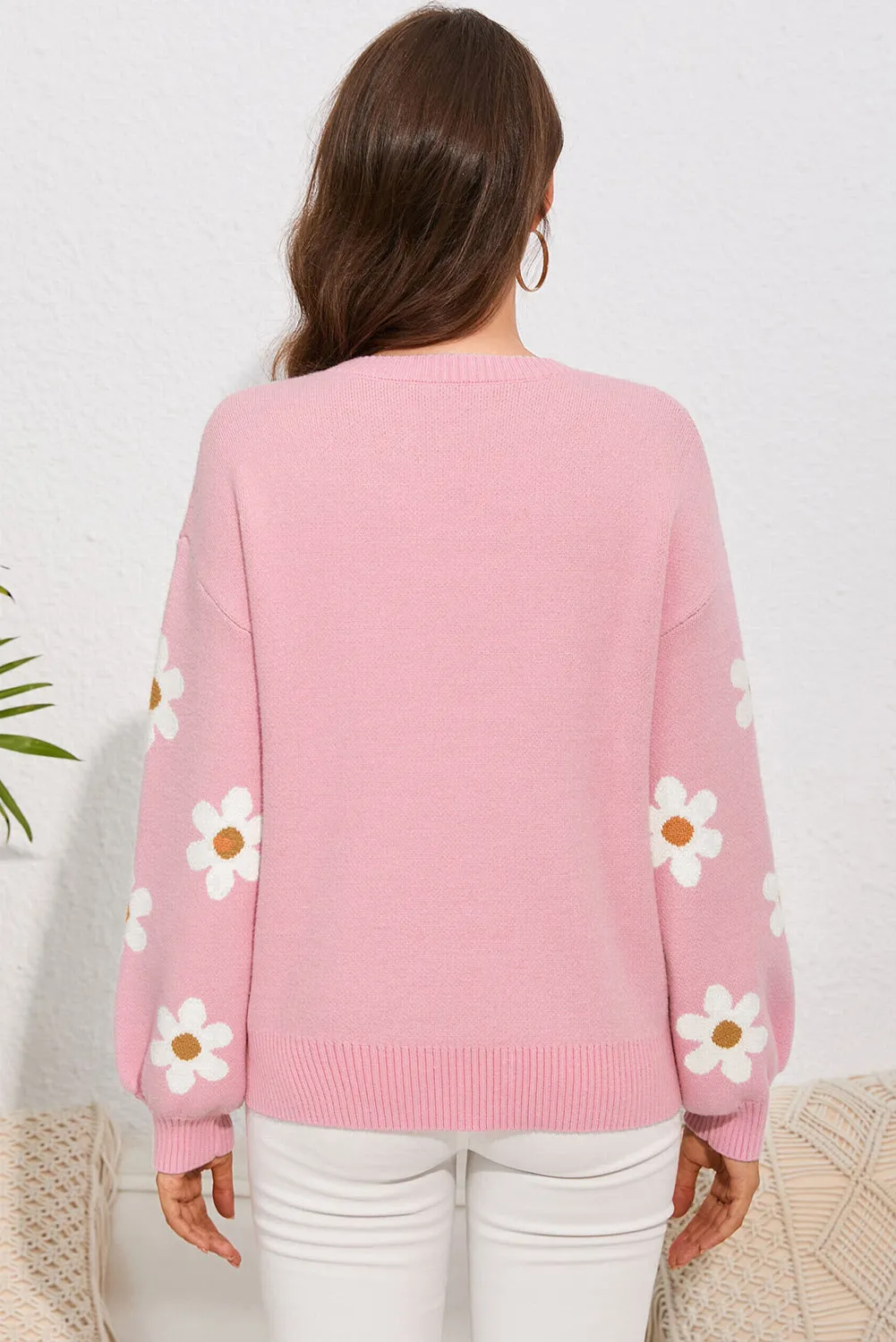 Women's Floral Pattern Drop Shoulder Pink Sweater